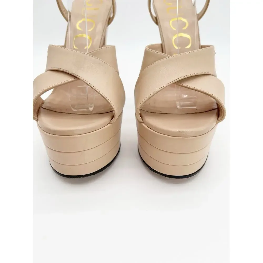 Gucci Angel Light Pink Leather Crisscross GG Platform High Heel Sandals IT 38.5